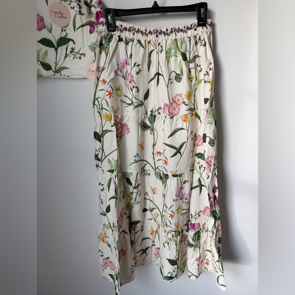 Viral Camila Coelho Cream linen blend Floral Top & maxi Skirt two piece Set - Picture 4 of 6